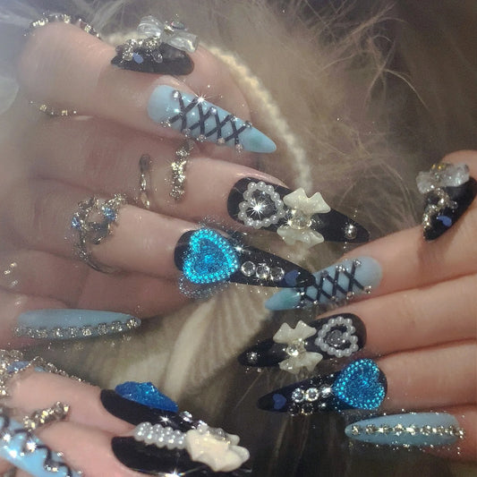 24pcs Spicy Girl Press On Nails 3D Bowknots Pearl Heart Diamond Decor Y2k False Nails Black Blue Long Pointed Luxury Fake Nail