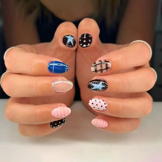 24Pcs Blue Polka Dot Star Design Press on False Nails Short Round Head Fake Nails with Stripe Wearable Full Cover Nails Tips Art