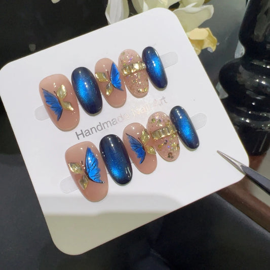 10pcs high-end Blue butterfly handmade fake nails, Light luxury nail decoration