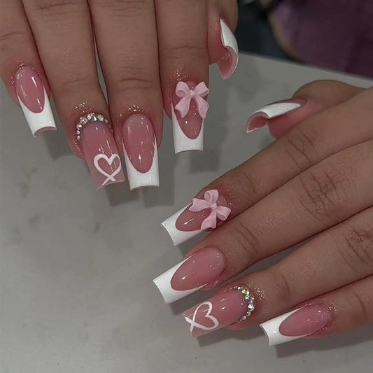 24PCS tube shaped fake nails, pink three-dimensional bow decoration, love pattern, rhinestone embellishing, suitable for fashion