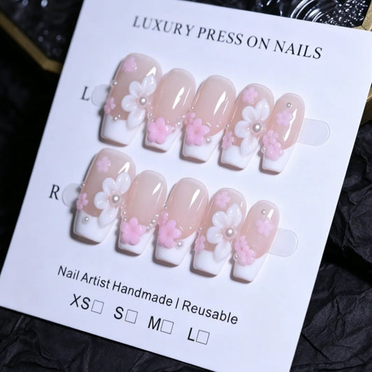 10pcs high-end Gentle and sweet style, hand-painted three-dimensional patterns, tiny glittering pearls handmade fake nails