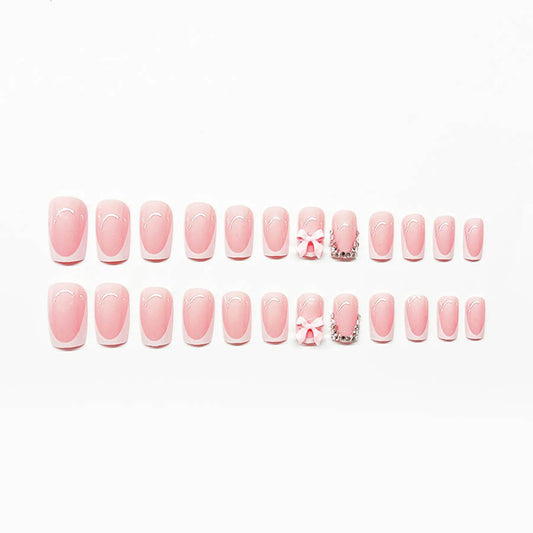 24pcs Short French Press On Nails Pink Bowknot Sweet Korean Fake Nail Tips for Girl Women Wearable Shiny Diamond False Nails