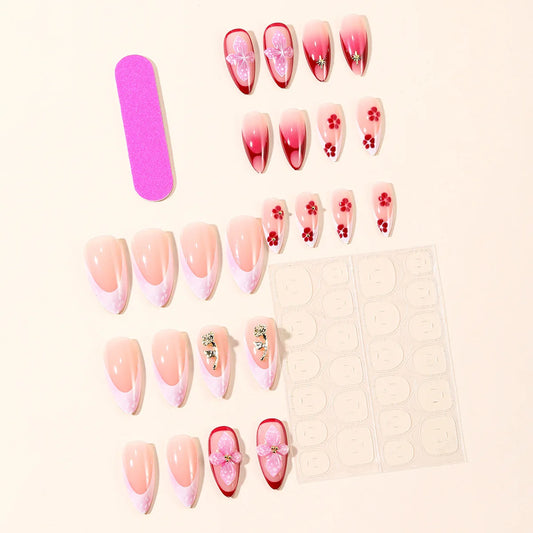 3D fake nails for women girls gradient pink red embossed flowers with golden rhinestones almond nail tips press on false nail