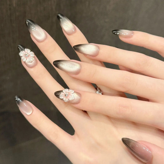 10pcs Gradient Black French Style Press On Nails Hand-carved Relief Flower Fake Nails Sweet Cool Almond Cat Eye False Nail