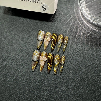 10Pcs/set Retro Stiletto Handmade Press on Nails Fake Nails with 3D Red Love Design Wearable Stick-on Nails False Nail Uñas 네일팁