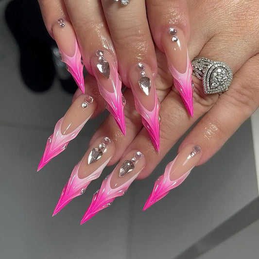 24Pcs Long Stiletto Fake Nails Press on Black Gradient French Detachable False Nails Rhinestone Design Full Cover Nails Tips Art