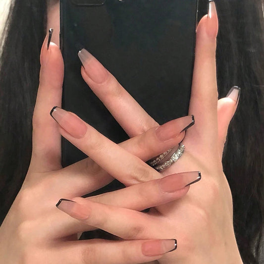 ARTAUG 24PCS Medium Coffin Black French Tip Press On Nails Fleshcolor Fake Nail Cheap Nails Summer Nails Delicate Nail