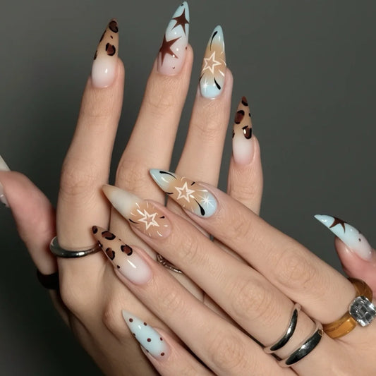24pcs Gradient Brown Leopard Print Press On Nails Y2k Star Blue French Long Almond False Nails Sweet Cool Spicy Girl Fake Nail