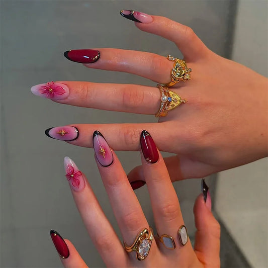 24pcs Long Almond False Nails Flower Pearl Design Press on Nails Gradient Red Fake Nail Tips Finished Wearable French Manicure