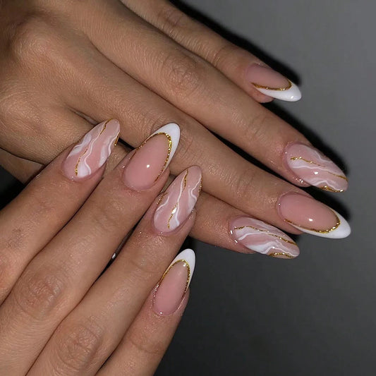 24PCS White French Pointed Nail With Short Almond Shaped Fake Nails, Bare Colored Nails, Glossy Daily Wear, Simple Fake Nails