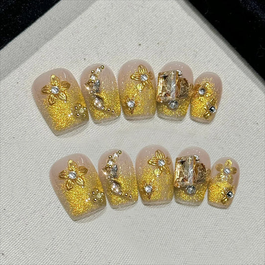 10Pcs Short Square Summer Fashion False Nails Shiny Flower Rhinestone Pearls Stick on Nails Detachable Manicure Acrylic Nails