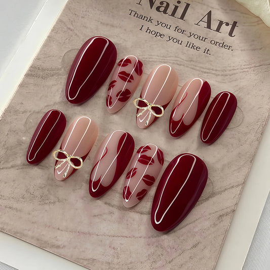 30pcs Red Lip Printed False Nails For Valentine's Day Wine-red French Style Almond Press On Nails Women Girls Sweet Fake Nail