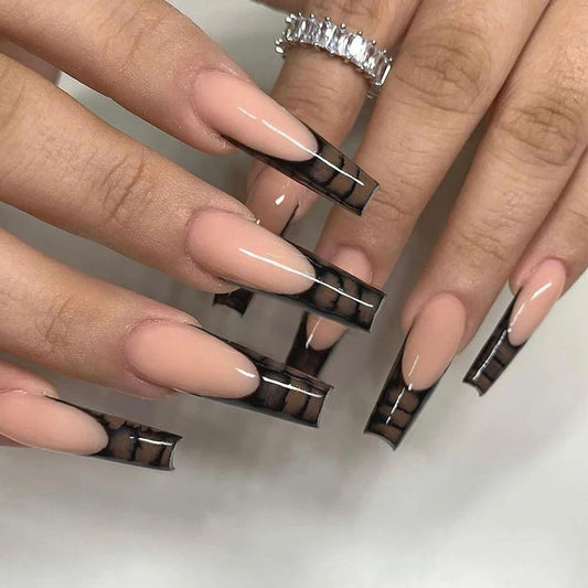 24Pcs Wearable False Nails with Glue Long Ballerina Pink Press on Nails French Full Cover Coffin Fake Nails Tip with Rhinestones