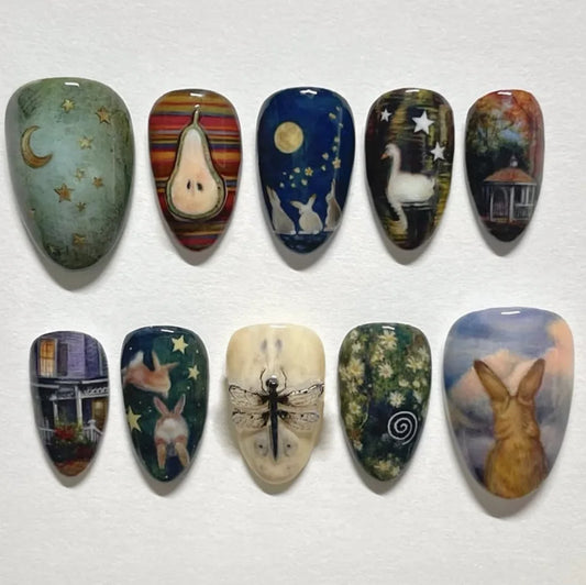 24pcs INS Cartoon Fake Nails Cute Rabbit Swan Pattern Press on Nails Wearable Full Cover Short Almond Fashion False Nail Tips
