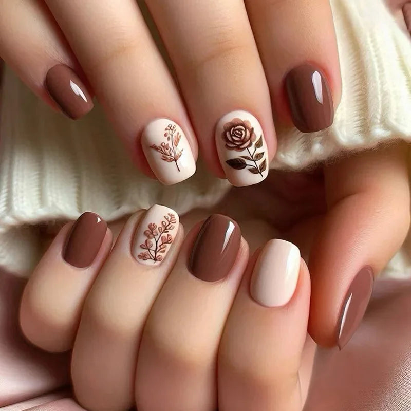 24pcs Wearable Full Cover Nail Ins Colorful Flower Design Stick on False Nails Short Square Press on Nails Nude Pink Fake Nail