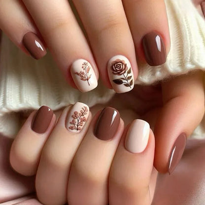 24pcs Wearable Full Cover Nail Ins Colorful Flower Design Stick on False Nails Short Square Press on Nails Nude Pink Fake Nail