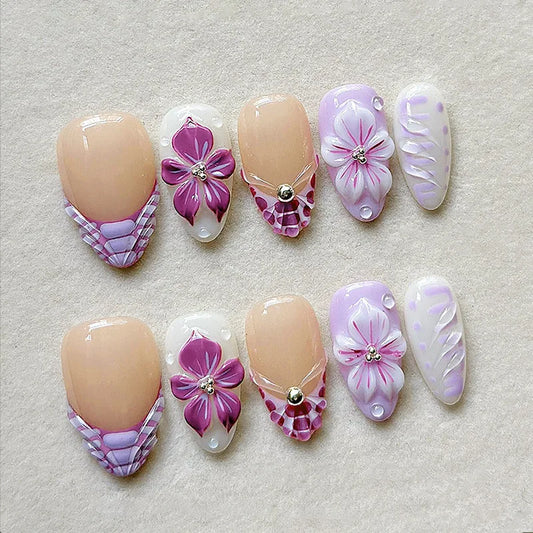 24Pcs Nude Pink French Press on Nails with Polka Dot 3D Flower Fake Nails Almond Wearable Artificial Full Cover False Nails Tips