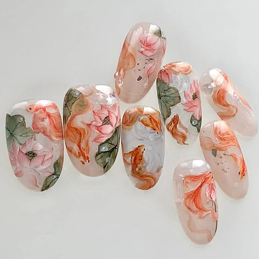 Artificial Nails 24 Pieces Flower Design Summer Sweet Pure Desire Long Round Fake Nails for Women