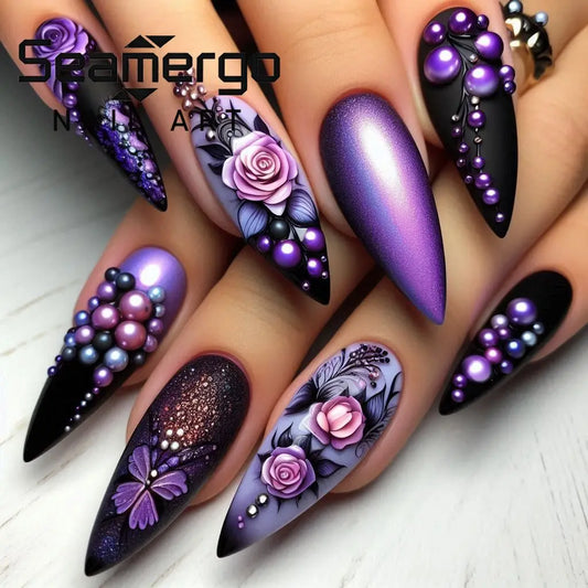 24PCS Dark Black Purple Rose Butterfly Pearl Wearable False Nails Press on Nails European American Wearable Nails Luxury Design