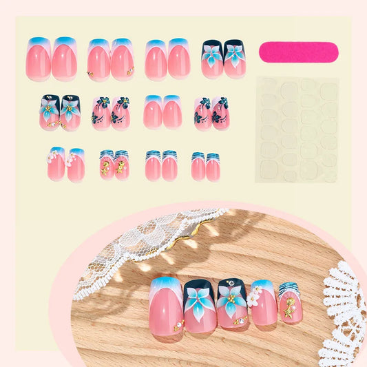 24Pcs False Nails 3D Floral French Tip Design Blue with Gold Glitter Press-On High-Quality Nails—Perfect As A Gift for Girls