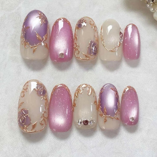 24pcs Pink Cat's Eye Press on Nails Gilded Silver Smudge Design Full Cover Pearl Decor Almond False Nails Ins Fashion Fake Nail