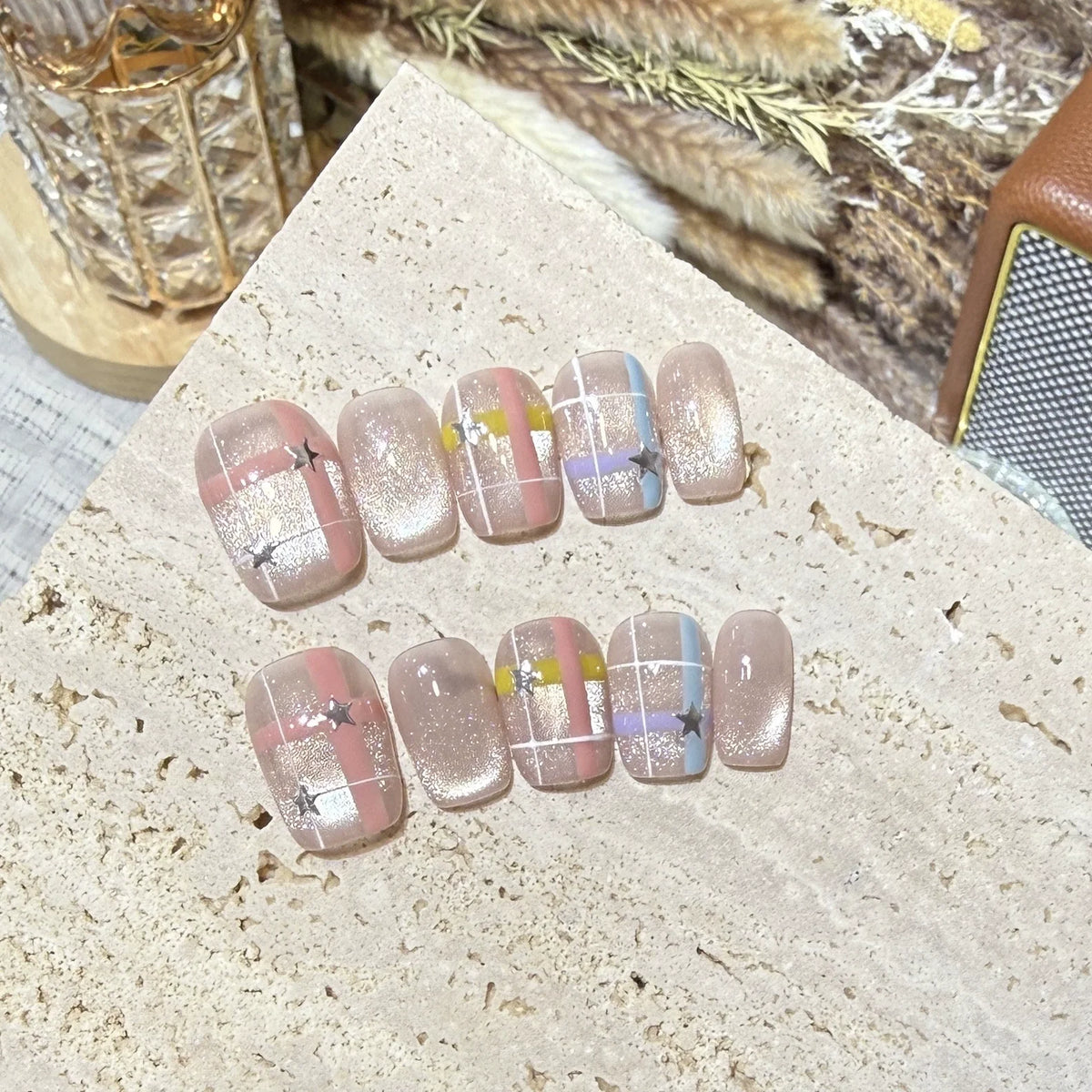 10Pcs Cat Eye Handmade Press on Nails Candy Color Fake Nails Summer Cute Wearable Stick-on Nails Full Cover False Nail Uñas 네일팁