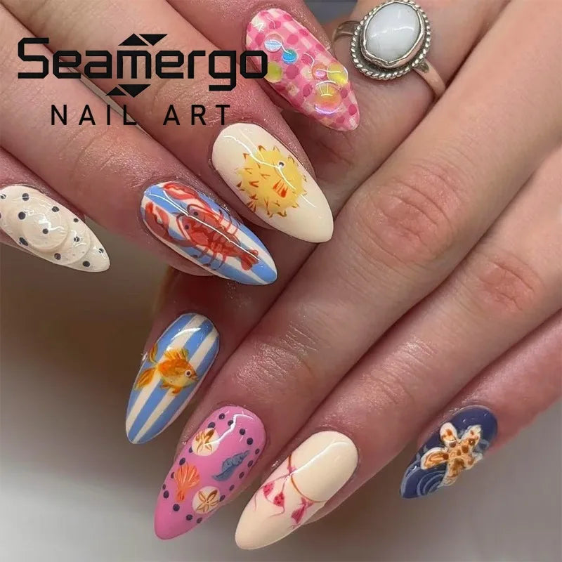 24PCS Almond Beach Theme Press on Nails Lobster Puffer Fish Starfish Design False Nails European American Sweet Spicy Nails Art