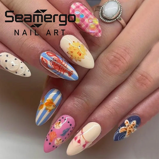 24PCS Almond Beach Theme Press on Nails Lobster Puffer Fish Starfish Design False Nails European American Sweet Spicy Nails Art