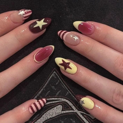 24pcs Colorful Five-pointed Star Press On Nails Red Stripes French Style Y2k Fake Nails Yellow Almond European Fake Nail Tips