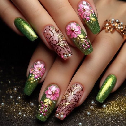 24pcs Glitter Green Press on Nails with Flower Design Ballet False Nail Pearl Stick on Nails Tips Reusable Long Coffin Fake Nail