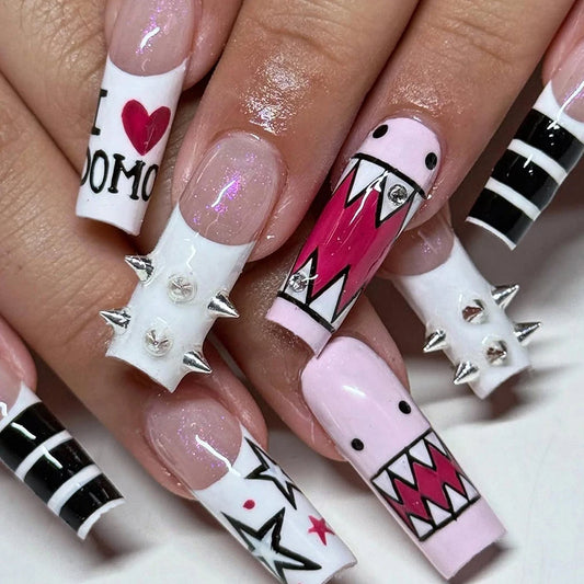 10Pcs/Set Handmade Y2K Long Square  White French press on nails，DoMo Star and Heart pattern Decoration