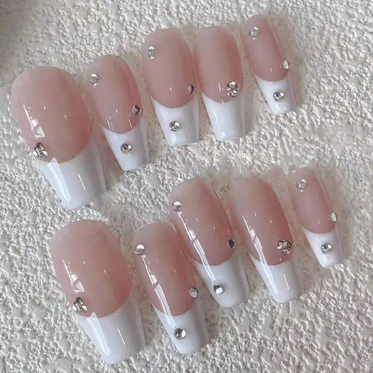 10pcs Handmade Pink White Rhinestone French Press On Nails Long Coffin Full Cover Wearable Reusable Luxury Fake Nails 2026