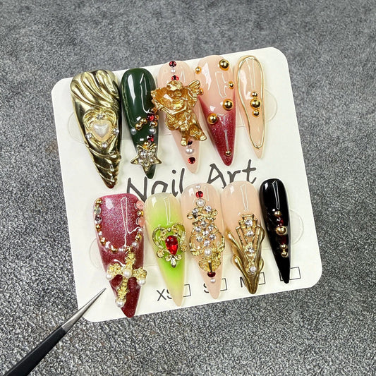 10Pcs Handmade Long Stiletto Press on Nails Light Luxury Retro Cat-eye Nail Tips Fashion Detachable Leopard Print Fake Nail Tool