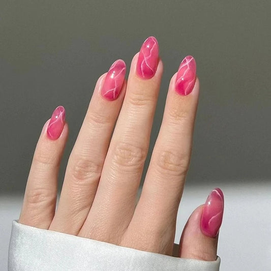 24Pcs French Dark Red Pink Almond Acrylic Manicure Artificial Reusable Short Oval Fake Nails Tips Art for Spice Girls Summer Art