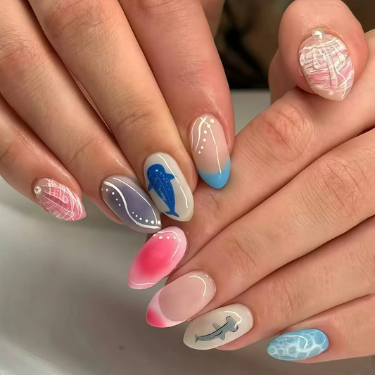 24pcs Summer INS Ocean Press on Nails Fish Printed Almond Blush False Nails for Girl Women Wearable DIY Manicure Fake Nails