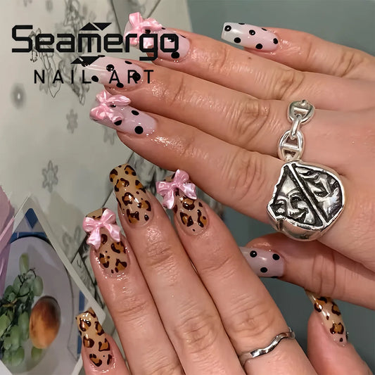 24PCS Square Press on Nails Leopard Print False Nails with Pink Bow and Black Polka Dot Design Fake Nails for Women Y2K Style