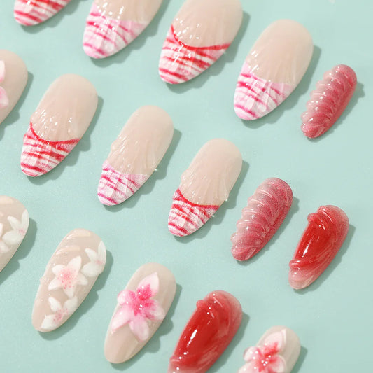 24pcs Sweet Pink Blush Fake Nail Tips 3D Gel Flower Design Press on Nail Wearable Detachable Ins Almond French False Nails