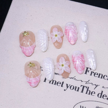 10Pcs Pink Shiny Cat Eye Sweet Lovely Nails Sticker 3D Flowers Almond Oval French Finished Fashion Fake Nail Full Cover Press On