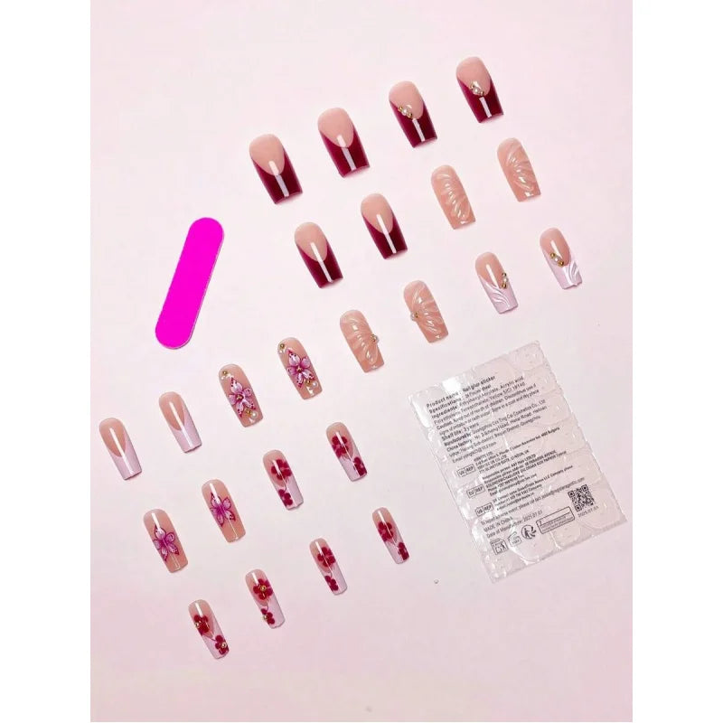 24pcs/Set Y2K French Medium Length Nail Tips, Sweet 3D Pink Flower & Wavy Design With Golden Beads Accent, Press-On Artificial