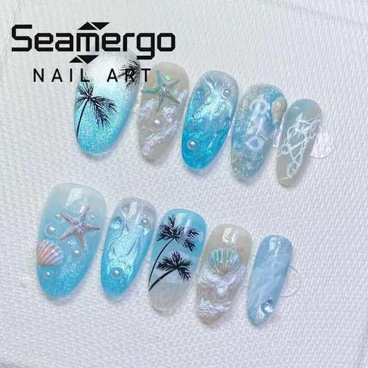 24PCS Blue Almond Press on Nails Beach Theme Coconut Tree Seashell Starfish Pearl Rhinestone Sweet Style Reusable False Nails