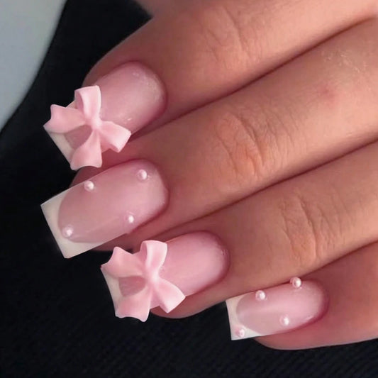 24PCS Square Press Style Nails, Medium Length Pearl Bow Design, Pink French Pointed Fake Nails, Cute Full Coverage Nails