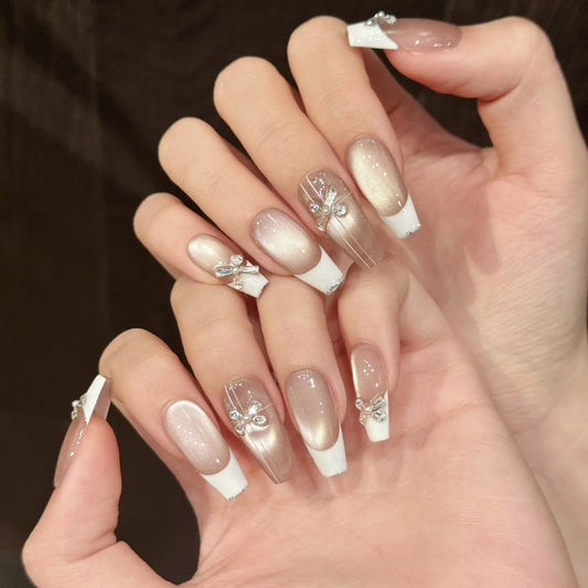10Pcs Mid-length Ballet Detachable Handmade False Nails Tips Blue Lace Plaid French Fake Nails 3D Bow Polka Dot Press on Nails