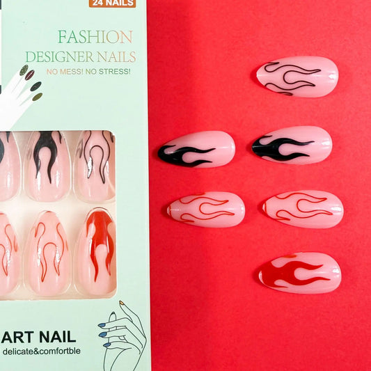 24pcs Red Black Flame Fake Nail Tips Halloween Glossy Almond Press on Nail Wearable Detachable European Spicy Girls False Nails