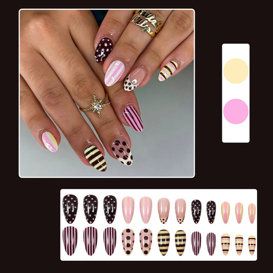 24pcs Glossy Almond False Nails Colorful Stripes Polka Dot Designs French Style Press On Nails Sweet Cool Summer Fake Nail