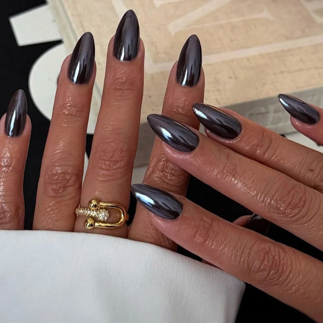 Eclipse – Black Pearl Glossy Almond Press-On Nails