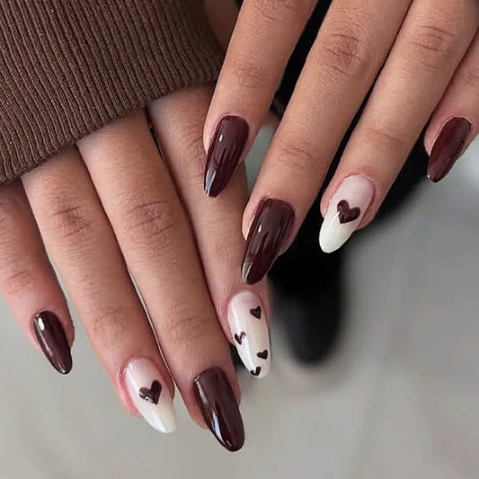 24Pcs Mid-length Almond Press on False Nails with Simple Wine Red Love Heart Design Full Cover Nails Tips Detachable Fake Nails