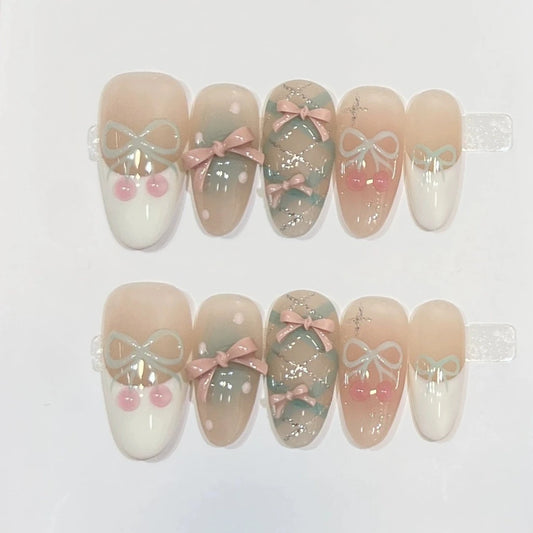 10Pcs Handmade Wearing Fake Nails Full Cover Golden Cat's Eye Glitter Nail Tips Oval Head 3D Bow Sweet Princess French Manicure