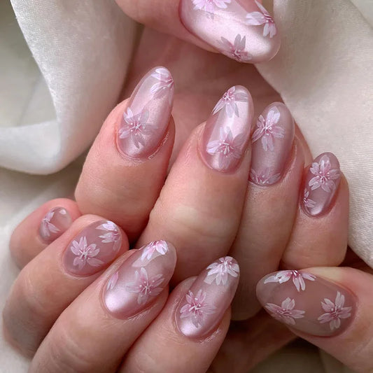 24pcs Cat's Eye False Nails Simple Flower Short Oval Full Cover Nail Tips Wearable Fashion Fake Nail Set Press on Nails Finished