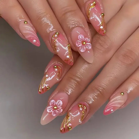 24Pcs Summer Fresh Flower Pattern Nail Set with Gold Stripes French Almond Mid-length Acrylic Nail Detachable Fashion Fake Nail