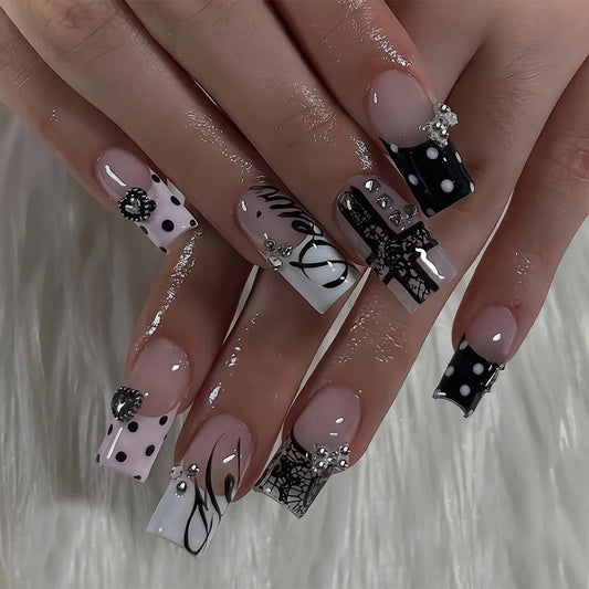 Y2K Gothic Dark Style 24Pcs Mid-Length Coffin Press On Nails With Polka Dot French Tips Metal Bow Heart Decor DIY Fake Nails